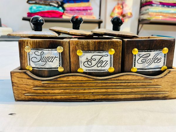 “Handcrafted wooden 3 box set for tea coffee and sugar storage”